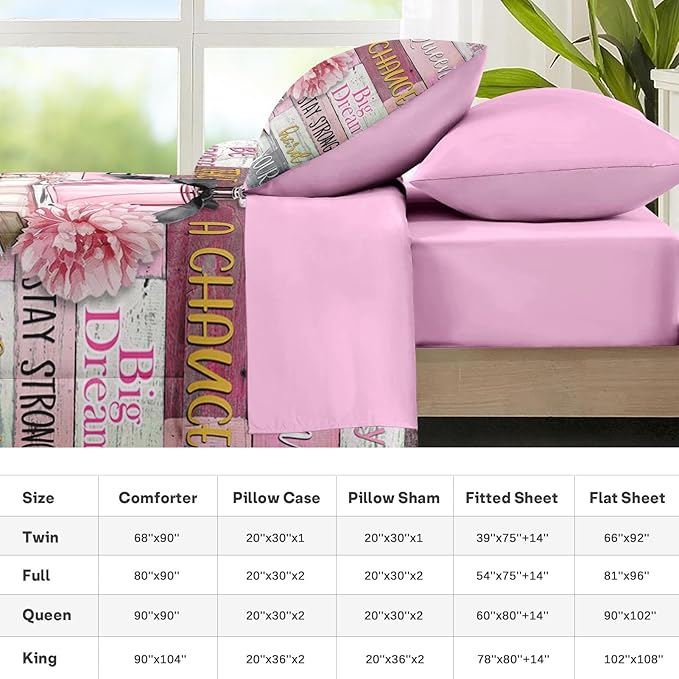Nesker Comforter Set Twin Size, Girly Hot Pink Perfume 5 Pcs Bedding for Kids and Adults, Girls Quotes Motivational Book Bed Sheet Sets with Fitted Sheet Pillowcase & Sham
