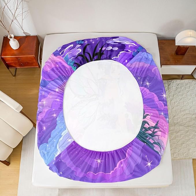 Erosebridal Fairy Girl Fitted Sheet Twin Flower Fairytale Bed Sheets for Boys Girls Blue Butterfly Floral Decor Bed Set Purple Galaxy Moon Sheets with 1 Pillowcase