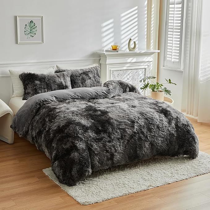 Wajade Faux Fur Plush Tie Dye Dark Grey White Comforter Set Fluffy Fuzzy Shaggy Bedding Set - 3PC Full Size Microfiber Soft Warm Quilt Set
