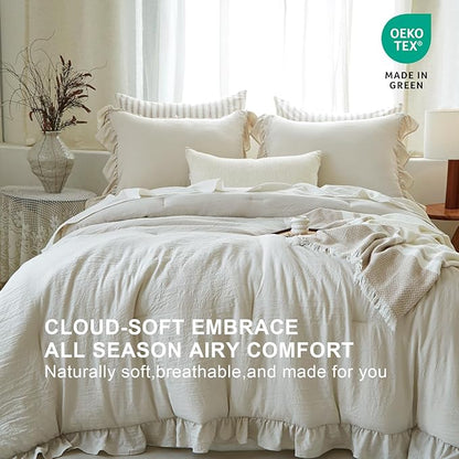 Beige Ruffle Comforter Set Twin, Pre-Washed Shabby Chic Bedding Set, Lightweight Cottagecore Soft Romantic Cozy 1 Comforter & 1 Sham, All-Season