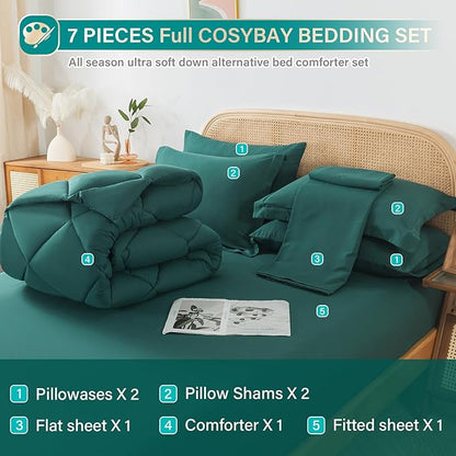 Cosybay Bed in a Bag King Comforter Sets 7pcs All Season Solid Down Alternative Bedding Sets Dark Green with Comforter, Pillow Shams, Flat Sheet, Fitted Sheet and Pillowcases