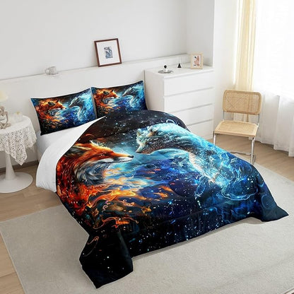 Fox and Dragon Comforter Set Queen Size,3D Flaming Ice Collision Bedding Set,Western Magical Style Animals Quilt Set for Kids Boys Girls Adult Room Decor,Galaxy Universe Duvet Insert,2 Pillowcases