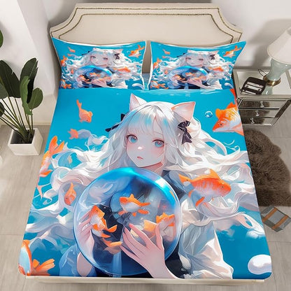 Japanese Girl Fitted Sheet 3D Anime Printed Design Bed Sheets for Kids Girls Boys Anime Gifts Bedding Sets, Cartoon Design Sheets Kawaii Anime Girls Decorations Sheets Full 3Pcs