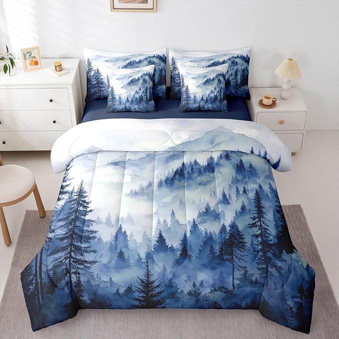 Erosebridal Blue Misty Forest Queen Bedding Set 7 Piece Mountain Foggy Woodland Bed in A Bag with Sheets Rustic Pine Tree Comforter Set for Kids Adults,Watercolor Nature Theme Bed Sets