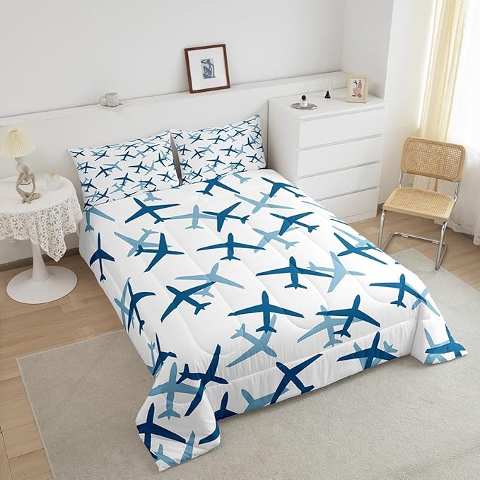 Castle Fairy Kids Aircraft Comforter King Size,Cartoon Transportation Vehicles Comforter Set Bedding Set for Youth Adults,Boys Airplane Blue White Duvet Set Ultra Soft Room Decor 3Pcs Quilt Set