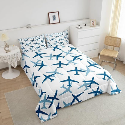Castle Fairy Kids Aircraft Boys Girls Comforter Set Full Size,Cartoon Transportation Vehicles Duvet Sets Teens Bedroom Decor,Boys Airplane Blue White Brushed Microfiber Soft Bedding Comforter