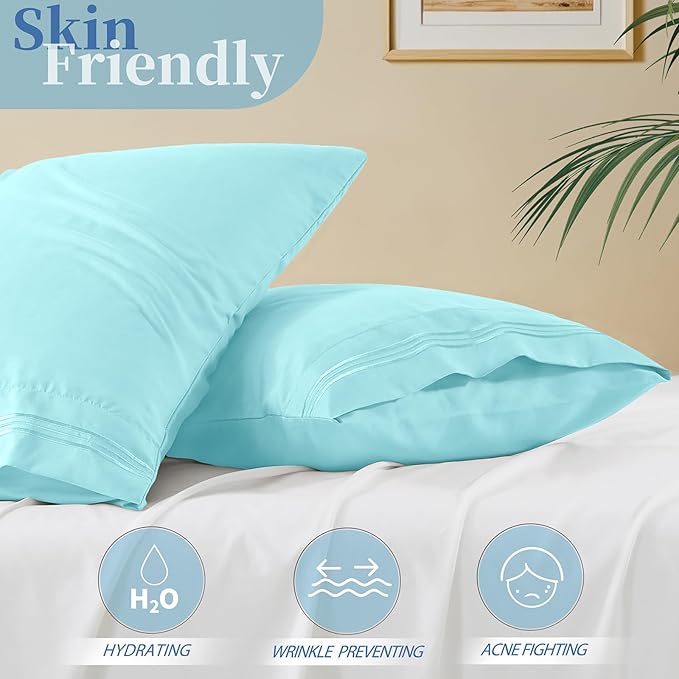 Vonty 2 Pack King Pillow Cases - 20x40 Inch, 1800 Thread Count Microfiber Pillowcases King Size Aqua Blue Pillow Cases Luxury & Soft Embroidered Bed Pillow Covers with Envelope Closure