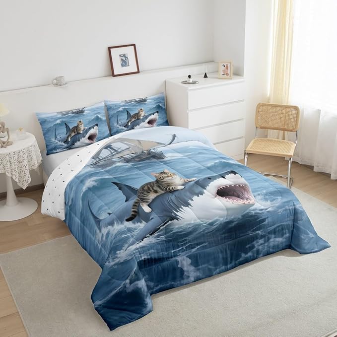 Erosebridal Kitten Comforter Set Toddler Size Shark Bedding Set for Kids Girls Boys Safari Sea Waves Nautical Ocean Ship Blue White Comforter Warm Soft Quilt Insert