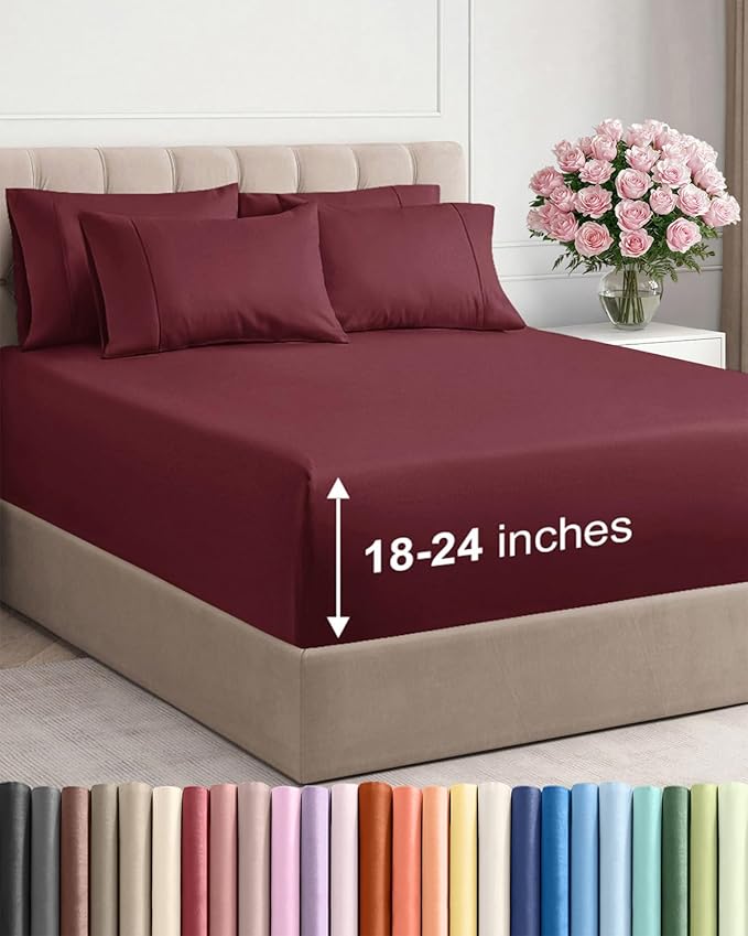 Extra Deep Cal King Sheet Set - 6 Piece Breathable and Cooling Sheets - Hotel Luxury Bedding for Women, Men, Kids & Teens - Easy & Secure Fit - Soft and Wrinkle Free - Extra Deep Pockets - Burgundy