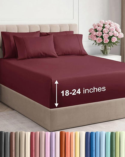 Extra Deep Cal King Sheet Set - 6 Piece Breathable and Cooling Sheets - Hotel Luxury Bedding for Women, Men, Kids & Teens - Easy & Secure Fit - Soft and Wrinkle Free - Extra Deep Pockets - Burgundy