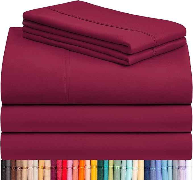 LuxClub 5 PC Split King Sheet Set, Breathable Luxury Bed Sheets, Deep Pockets 18" Eco Friendly Wrinkle Free Cooling Sheets Machine Washable Hotel Bedding Silky Soft - Burgundy Split King