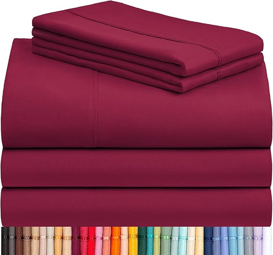 LuxClub 5 PC Split King Sheet Set, Breathable Luxury Bed Sheets, Deep Pockets 18" Eco Friendly Wrinkle Free Cooling Sheets Machine Washable Hotel Bedding Silky Soft - Burgundy Split King