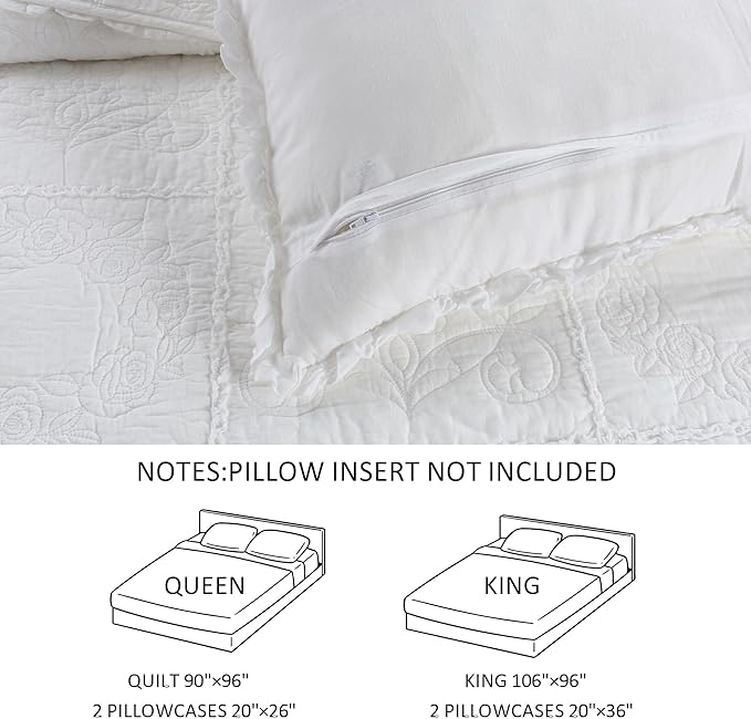 DURLENGEN White Rose Patchwork 100% Cotton King Quilt 3Pcs,White Patchwork with Rose Pattern,Luxury Lightweight Cotton Coverlet Sets for All Season(King 106x96,White Rose Patchwork)