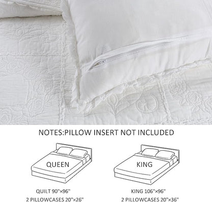 DURLENGEN White Rose Patchwork 100% Cotton King Quilt 3Pcs,White Patchwork with Rose Pattern,Luxury Lightweight Cotton Coverlet Sets for All Season(King 106x96,White Rose Patchwork)