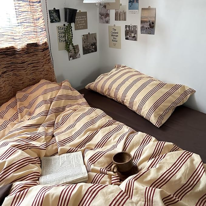 Nayoroom Striped Duvet Cover Full Size Vintage Brown Striped Duvet Cover 3 Pieces 100% Washed Cotton Soft Breathable Girls Dorm Bedding Set for Hot Sleepers