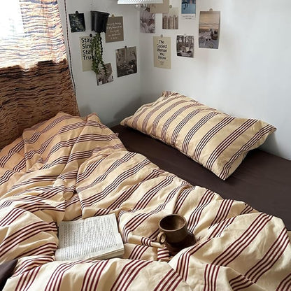 Nayoroom Striped Duvet Cover Twin Size Vintage Brown Striped Duvet Cover 2 Pieces 100% Washed Cotton Soft Breathable Girls Dorm Bedding Set for Hot Sleepers