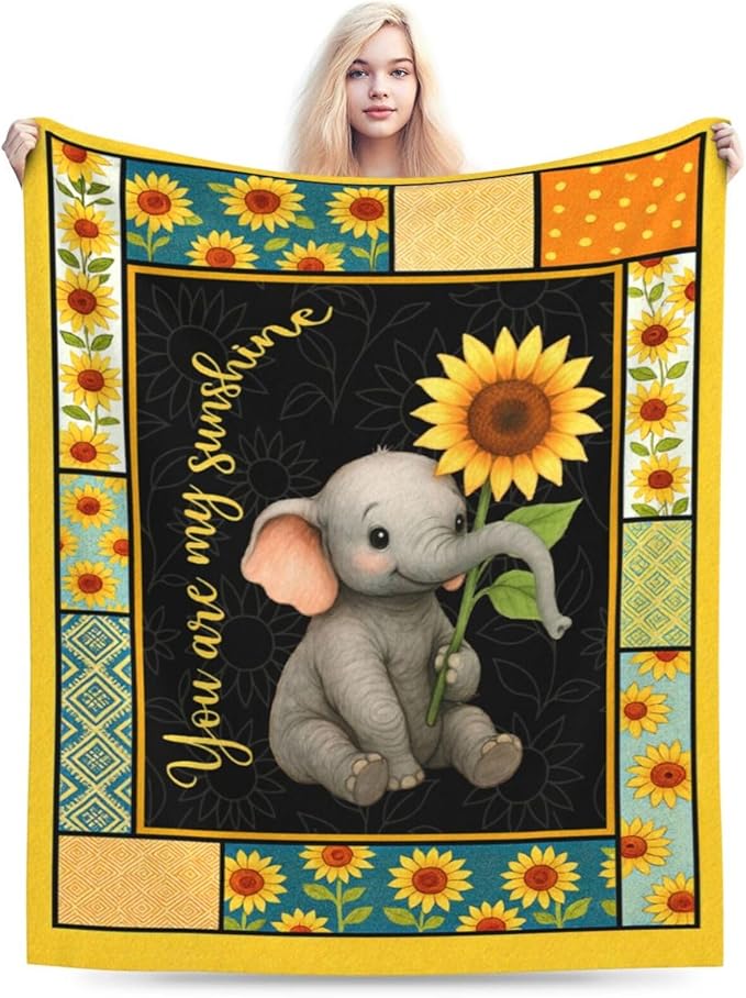 Elephant Blanket Super Soft Warm Fluffy Fleece Flannel Sunflower Animal Throw Blanket Cozy Fuzzy Plush Stuff Bedding Blankets Gifts for Women Kids Boys Girls Adults 50"X40"