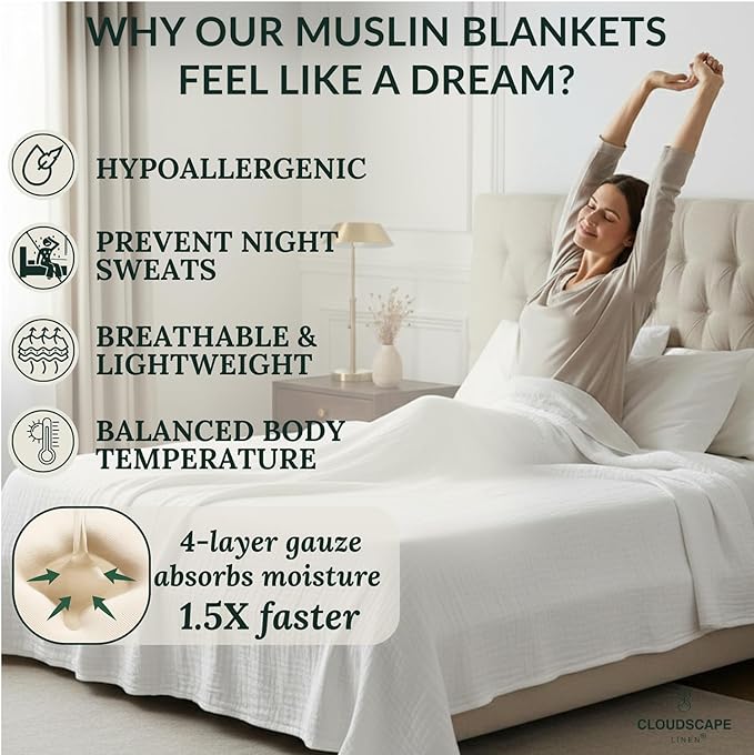 CLOUDSCAPE 100% Cotton 4 Layer Muslin Blanket Queen Size, Oversized, 92x92 Fits Upto Full Size Bed, Soft Breathable, Gauze Lightweight Layering, Summer Blanket for Adults, Spring Gift Idea- White