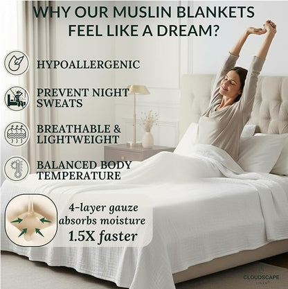 CLOUDSCAPE 100% Cotton 4 Layer Muslin Blanket Queen Size, Oversized, 92x92 Fits Upto Full Size Bed, Soft Breathable, Gauze Lightweight Layering, Summer Blanket for Adults, Spring Gift Idea- White