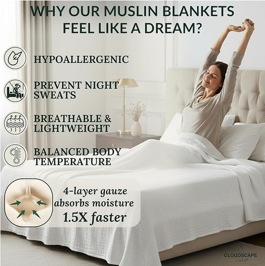 CLOUDSCAPE 100% Cotton Muslin Blanket King Size for Bed - Oversized 4 Layer 108x92 Fits Upto Calking Bed - Soft Breathable, Gauze, Lightweight, All Season, Summer Layering Blankets for Adults- White