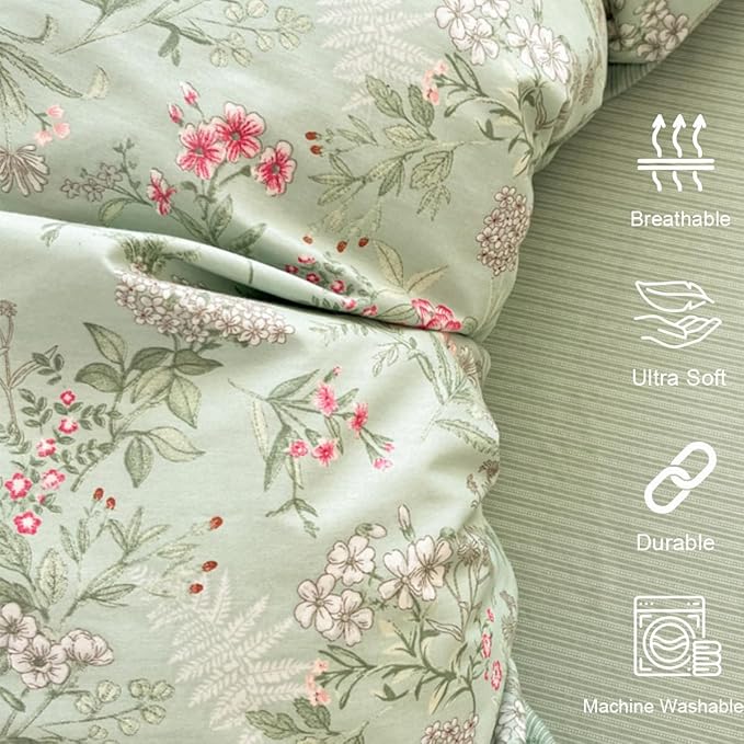Comforter Set Queen 3 Piecess Green Pink Floral Bedding Set for Girls Kids Colorful Botanical Flower Bedding Soft Breathable Microfiber Sage Green Comforter with 2 Pillowcases