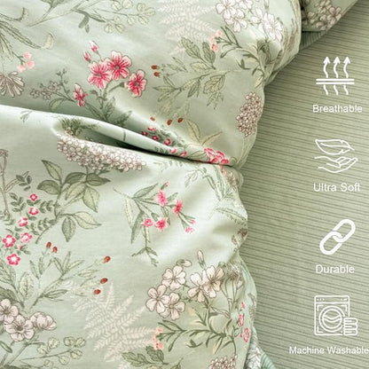 Comforter Set Queen 3 Piecess Green Pink Floral Bedding Set for Girls Kids Colorful Botanical Flower Bedding Soft Breathable Microfiber Sage Green Comforter with 2 Pillowcases