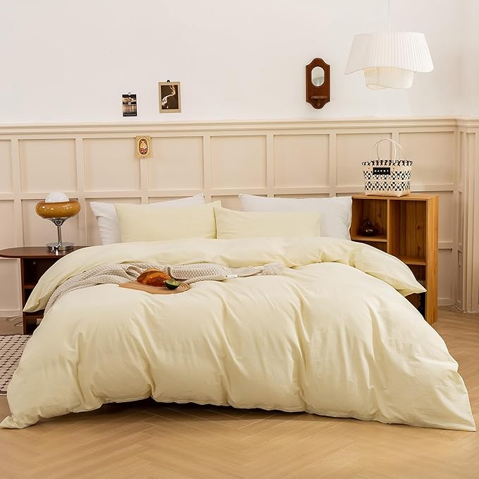 ECOCOTT Duvet Cover King Size, 100% Washed Cotton Linen-Like Soft & Breathable, Durable Comfy Bedding Set for All Seasons Light Yellow