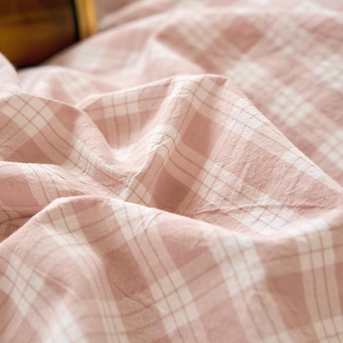 Pink Gingham Twin Duvet Covers Washed Cotton Boho Comforter Cover Twin Checkered Plaid Lightweight Cute Duvet Cover Set with Hidden Zipper Cozy Teen Bedding Set for Girls Duvet Protector