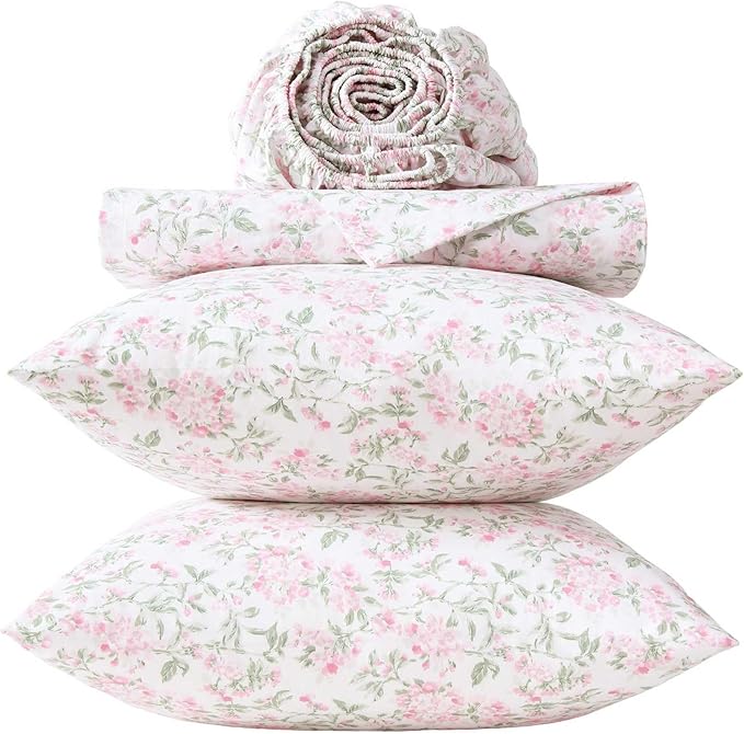 Laura Ashley - Queen Sheet Set, Crisp & Cool Cotton Percale Bedding for Year Round Comfort, Deep Pocket, Bed Sheets with Matching Pillowcases (Blossom Bliss Pink)