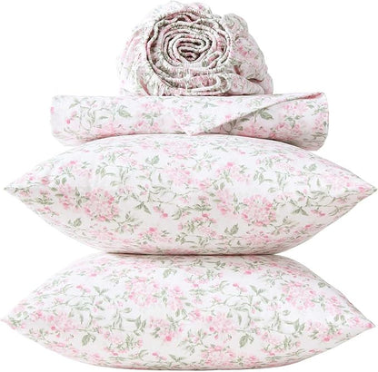 Laura Ashley - Queen Sheet Set, Crisp & Cool Cotton Percale Bedding for Year Round Comfort, Deep Pocket, Bed Sheets with Matching Pillowcases (Blossom Bliss Pink)