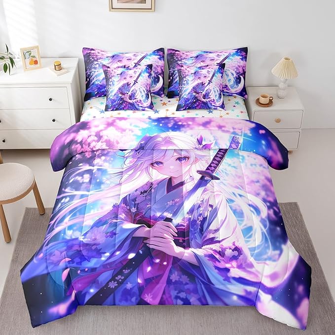 Erosebridal 7 Piece Anime Girl Queen Comforter Sets for Kids, Kawaii Japanese Anime Bedding Set Cartoon Girl Bed in A Bag Sci Fi Style Japanese Animation Sheet Set for Kids Girls Teens Bedroom