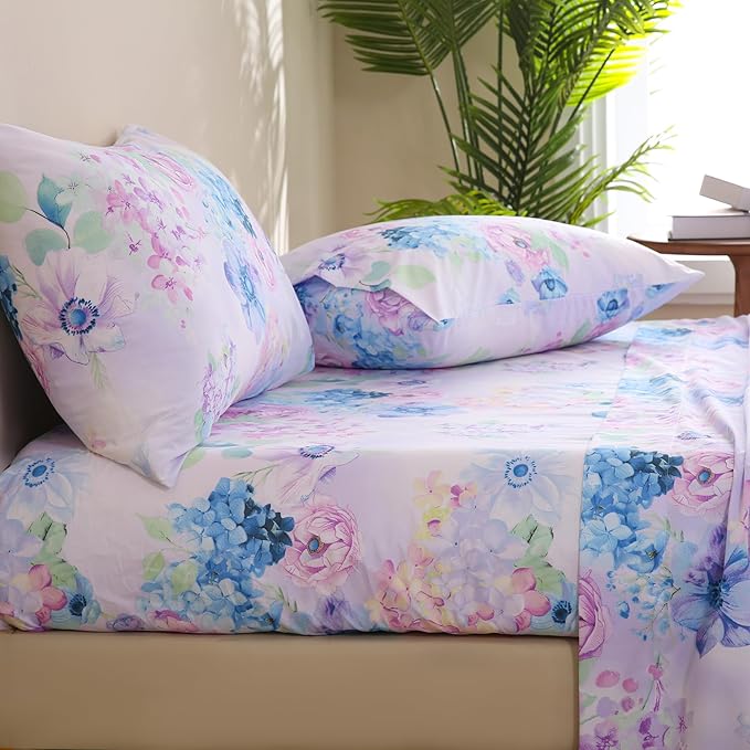 JSD Purple Hydrangea Floral Sheet Set Full Size, 4 Piece Printed Microfiber Bed Sheets Deep Pocket