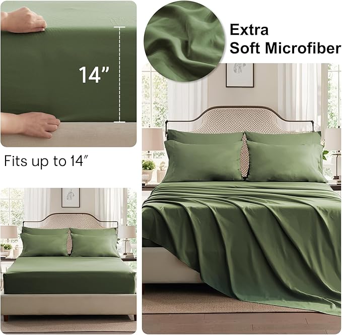 Anluoer Full Comforter Set 7 Pieces, Olive Green Bed in a Bag with Sheets, All Season Bedding Sets with 1 Comforter, 2 Pillow Sham, 2 Pillowcase, 1 Flat Sheet, 1 Fitted Sheet