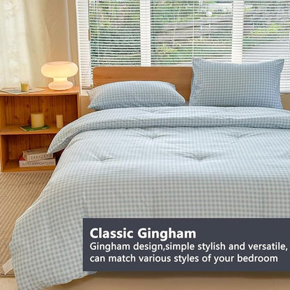 NSNLGSGC Twin Comforter Set, Light Blue Gingham Bedding Sets, Blue Grid Bed Comforter 2 Pieces (1 Comforter, 1 Pillowcase)