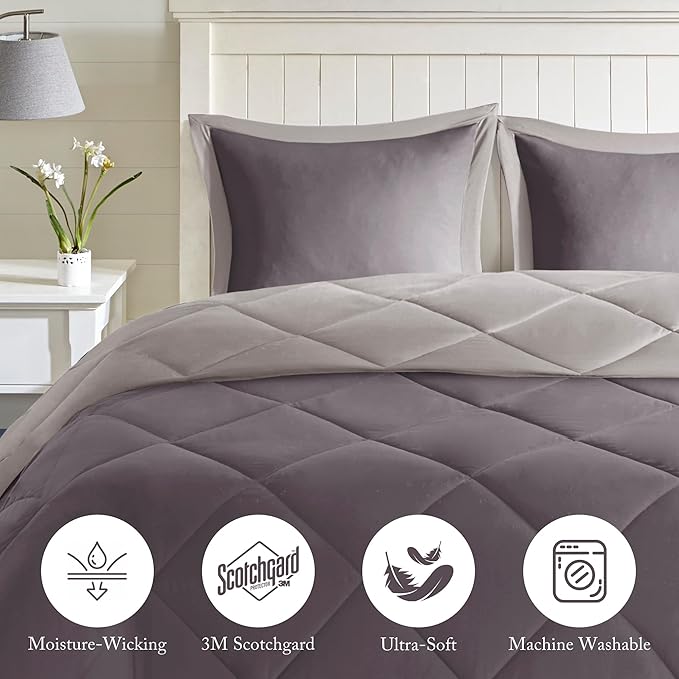 Madison Park Comforter Set, Reversible Down Alternative All Season Microfiber Bedding, 3M Scotchgard Stain Release, King Dorm Comforter, Charcoal/Grey
