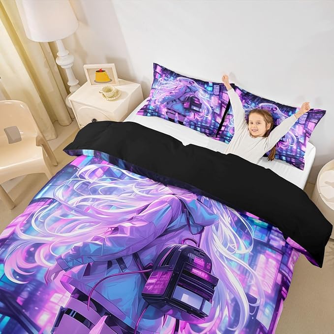 Erosebridal Japanese Girl Bedding Set Girly Anime Down Comforter for Kids,Sci Fi Style Gaming Queen Comforter Set Room Decor 3 Pcs,3D Cartoon Anime Girl Duvet Insert 2 Pillow Cases