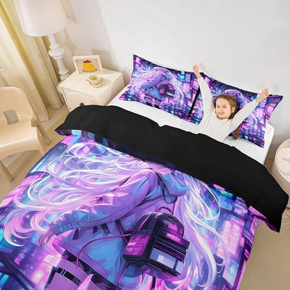Erosebridal Japanese Girl Bedding Set Girly Anime Down Comforter for Kids,Sci Fi Style Gaming Queen Comforter Set Room Decor 3 Pcs,3D Cartoon Anime Girl Duvet Insert 2 Pillow Cases