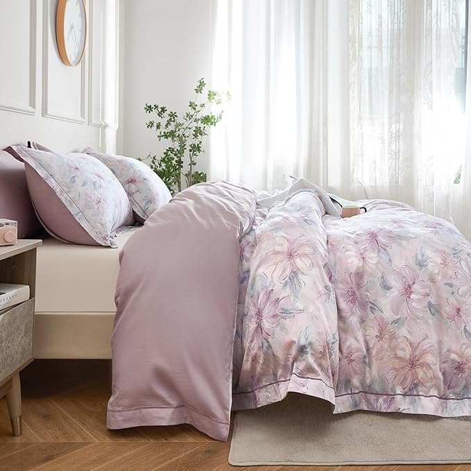 OAITE Duvet Cover Set King Size Floral Pattern 600 Thread Count Ultra Soft 100% Long Staple Cotton Duvet Cover Sets 3-PC, Breathable Duvet Cover with Zipper Closure & Corner Ties