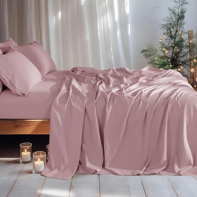 LBRO2M 100% Pure Linen Sheet Set Deep Pocket Up to 16" Bed Sheets Sets, Natural Flax Beddings Soft, Breathable, Comfortable for All Seasons 6 Pcs Sheet Set Full Size, Embroidery Purple