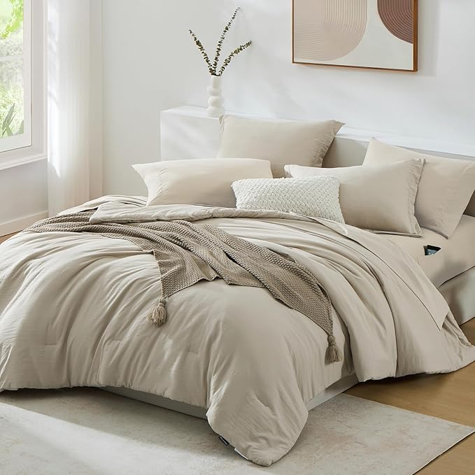 WRENSONGE Oversized Queen Comforter Set - 7 Pieces Light Oatmeal Bed in a Bag Queen with Sheets, 2 Pillow Shams, and 2 Pillowcases- Warm Bedding Sets Queen for All Season