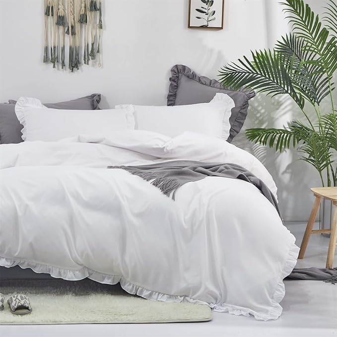 Luxlovery White Ruffle Comforter Set Twin Farmhouse Bedding Comforter Set Boho Shabby Chic Plain White Blanket Quilts Vintage Rustic Soft Breathable Bedding Set with Ruffles for Twin Bed