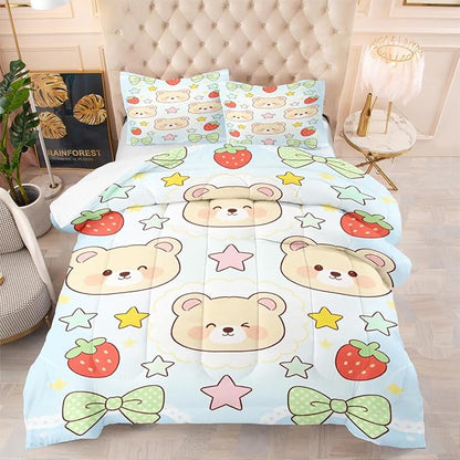 3Pcs Bears Animal Print Queen Size Comforter Set for Girls, Cartoon Blue and White Bedding Set, Green Bows and Stars Bed Set, 1 Comforter 90"x 90" and 2 Pillowcases