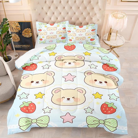 3Pcs Full Size Cartoon Blue White Bears Comforter Set for Kids, Green Bows Bedding Sets for Kids Room Decor, 1 Comforter 79"x 90" and 2 Pillowcases All Season