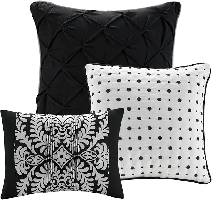 Madison Park Vienna Sateen Cotton Comforter Set, Breathable, Soft Cover, Trendy, All Season Down Alternative Cozy Bedding with Matching Shams, California King, Black 7 Piece