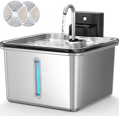 Wireless Cat Water Fountain, Water & Battery Separation, Faucet Design | PETALPAW Cat Fountain Stainless Steel, 4000mAh, 3.5L Cordless Pet Water Dispenser for Indoor Cats & Small Dogs, Silver