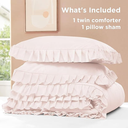 Litanika Light Pink Twin Size Comforter Sets, 2 Pieces Ruffle Farmhouse Aesthetic Bedding Comforter Sets, All Season Soft Lightweight Fluffy Microfiber Bed Set(66x90In Comforter, 1 Pillowcase)