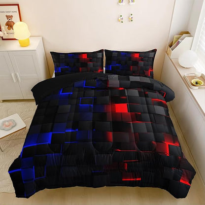 Red and Blue Checkered Comforter Set King Honeycomb Bedding Sets 3PCS for Kids Teen Adult Boy Room Decor Ultra-Soft Lightweight Microfiber 1 Comforter with 2 Pillowcases