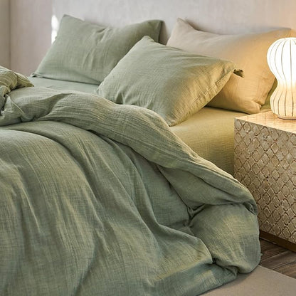 EAVD Solid Color Mint Green Duvet Cover King Soft Breathable 100% Cotton Muslin Linen Like Gauze Bedding Comforter Cover with 2 Pillowcases Modern Simple Mint Green Comforter Cover with Zipper Closure