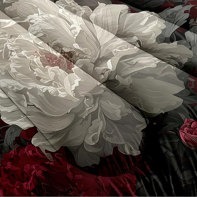 5Pcs Twin Size Vintage Botanical Flowers Comforter Set for Girls, Black Crows Bedding Sets, 100% Washed Microfiber, 1 Comforter 68"x 90" and 2 Pillowcases, 1 Fitted Sheet, 1 Flat Sheet