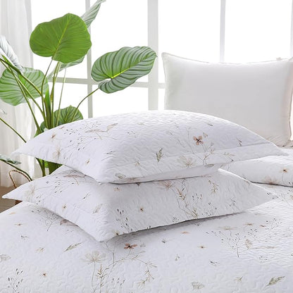King Size Quilt Bedding Set, White Floral Bed Quilts Lightweight Reversible Farmhouse Bedspreads Quilted Coverlets with 2 Pillow Shams (104"×90")